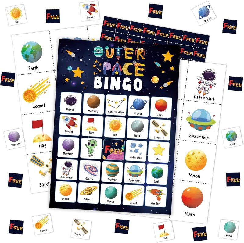 Mueddur Outer Space Party Bingo Card, Solar System Birthday Bingo Game for Adults Family Friends, Astronomy Games Set for Birthday Party, Holiday Games for 24 Players -04 - Image 1